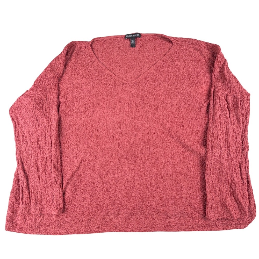Eileen Fisher Organic Linen V-Neck Sweater Terracotta Red Medium F16GLE - Picture 1 of 6